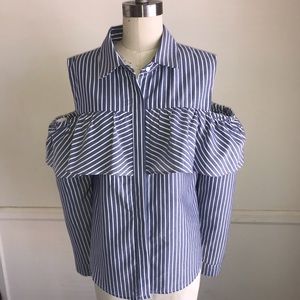 Open Shoulder Tailored Shirt w/ Ruffles